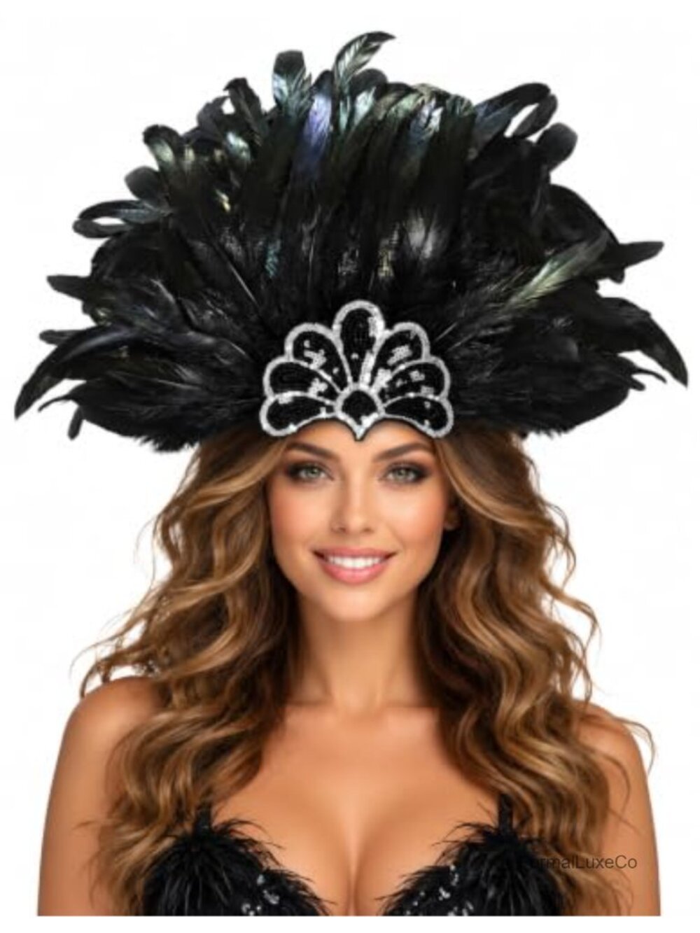 Feather Headpiece Showgirl Headdress Fan Sequin Costume Party